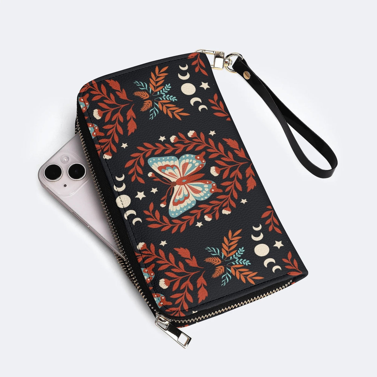 Moth And Leaf Print - Leather Wallet