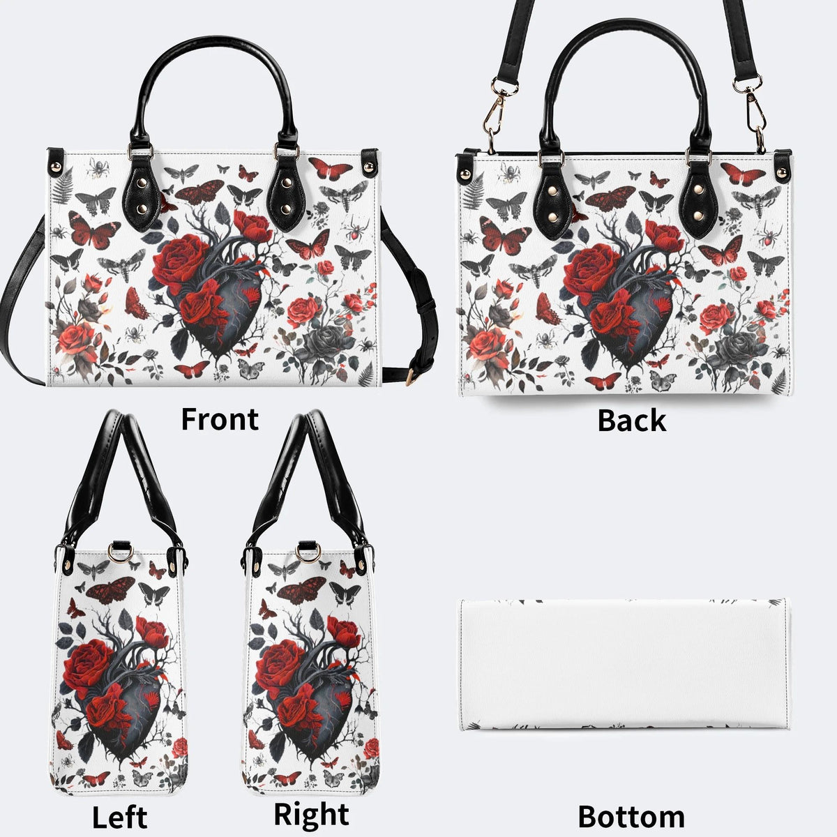 Heart Rose Butterfly Print - Leather Handbag