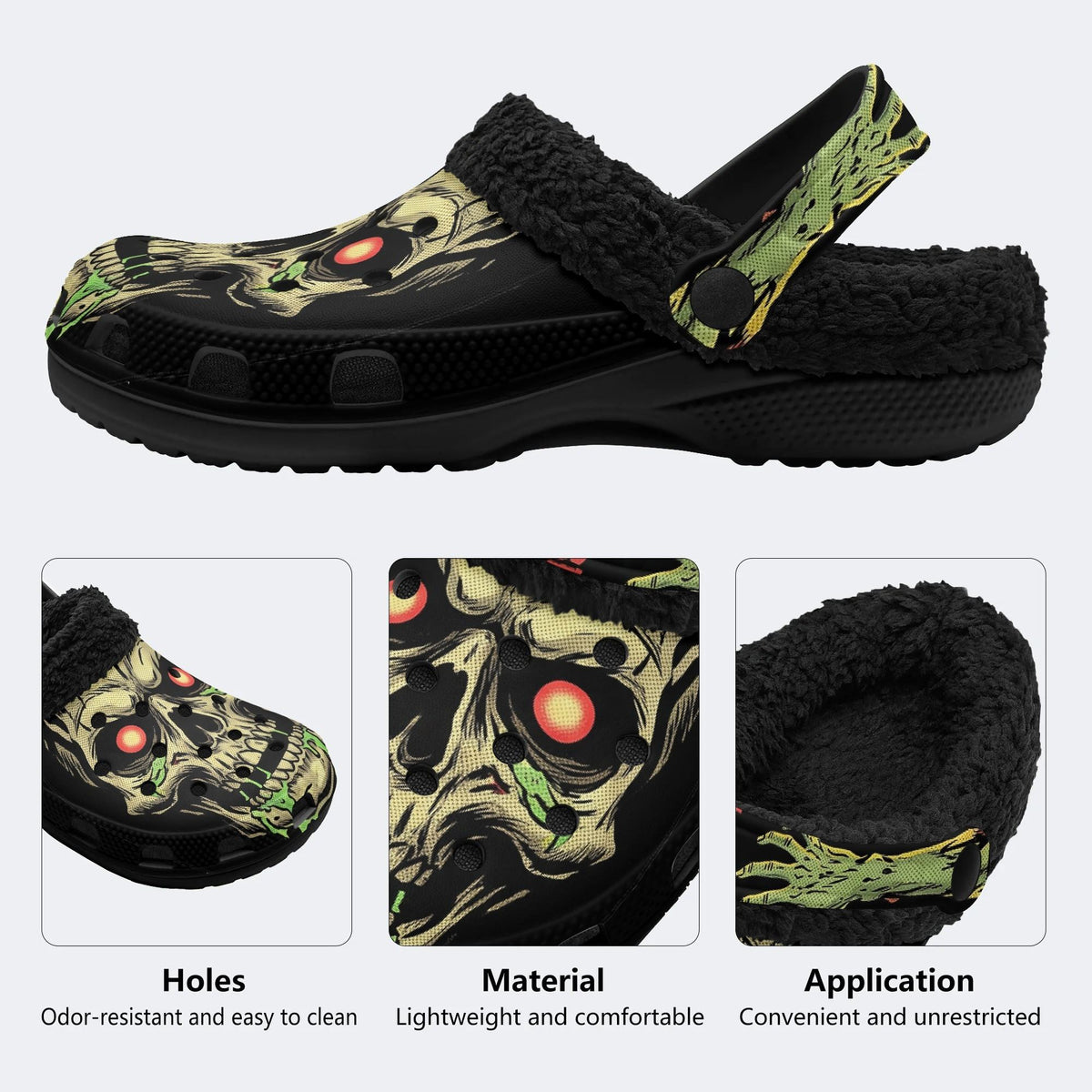 Gothic Dark Zombie Skull Toxic Slime - Fur Lined Slippers/Sandals