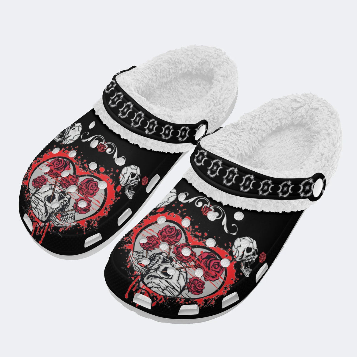 Rose Heart Skull Print - Fur Lined Slippers/Sandals