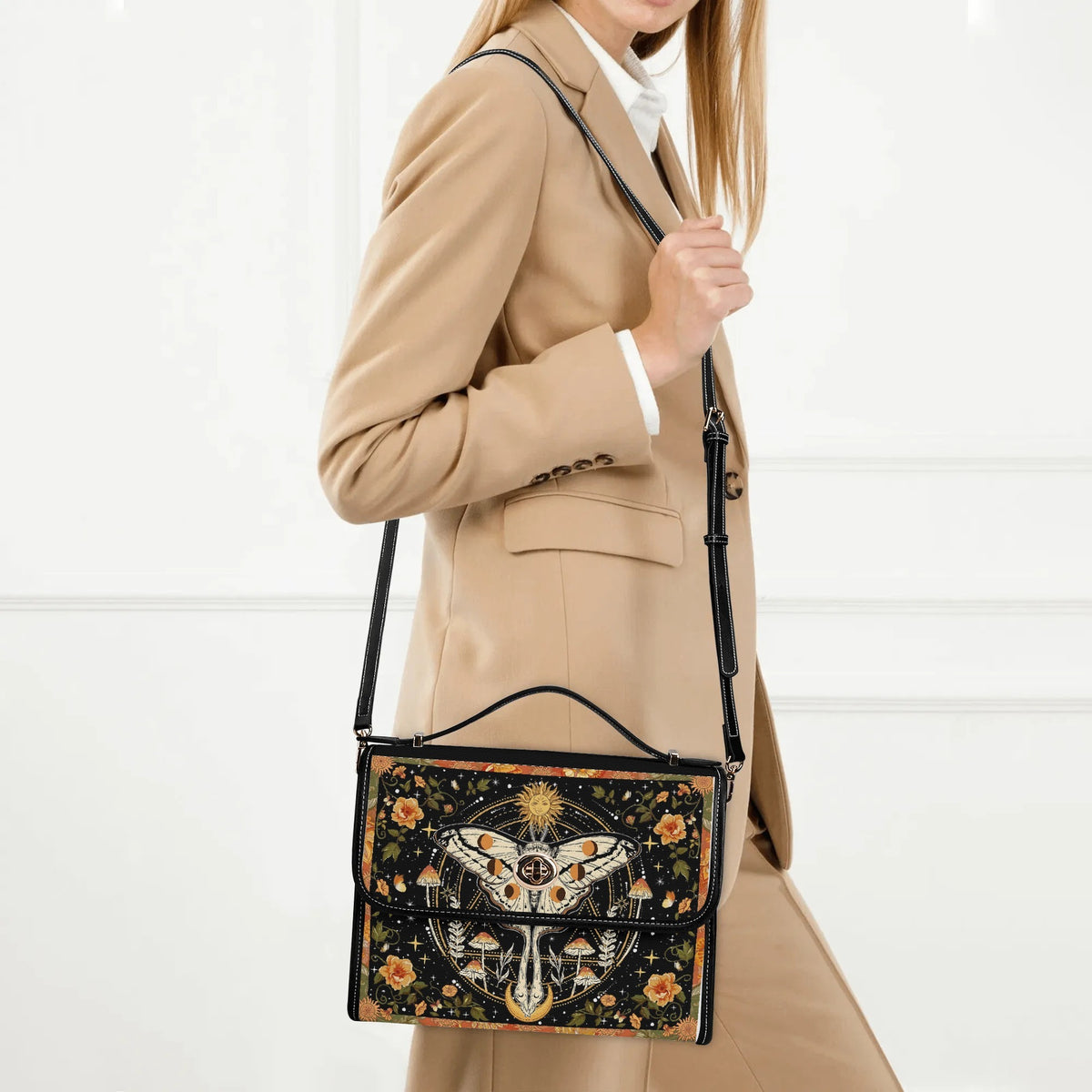 Retro Bohemian Sun Moon Star Moth - Leather Satchel Bag