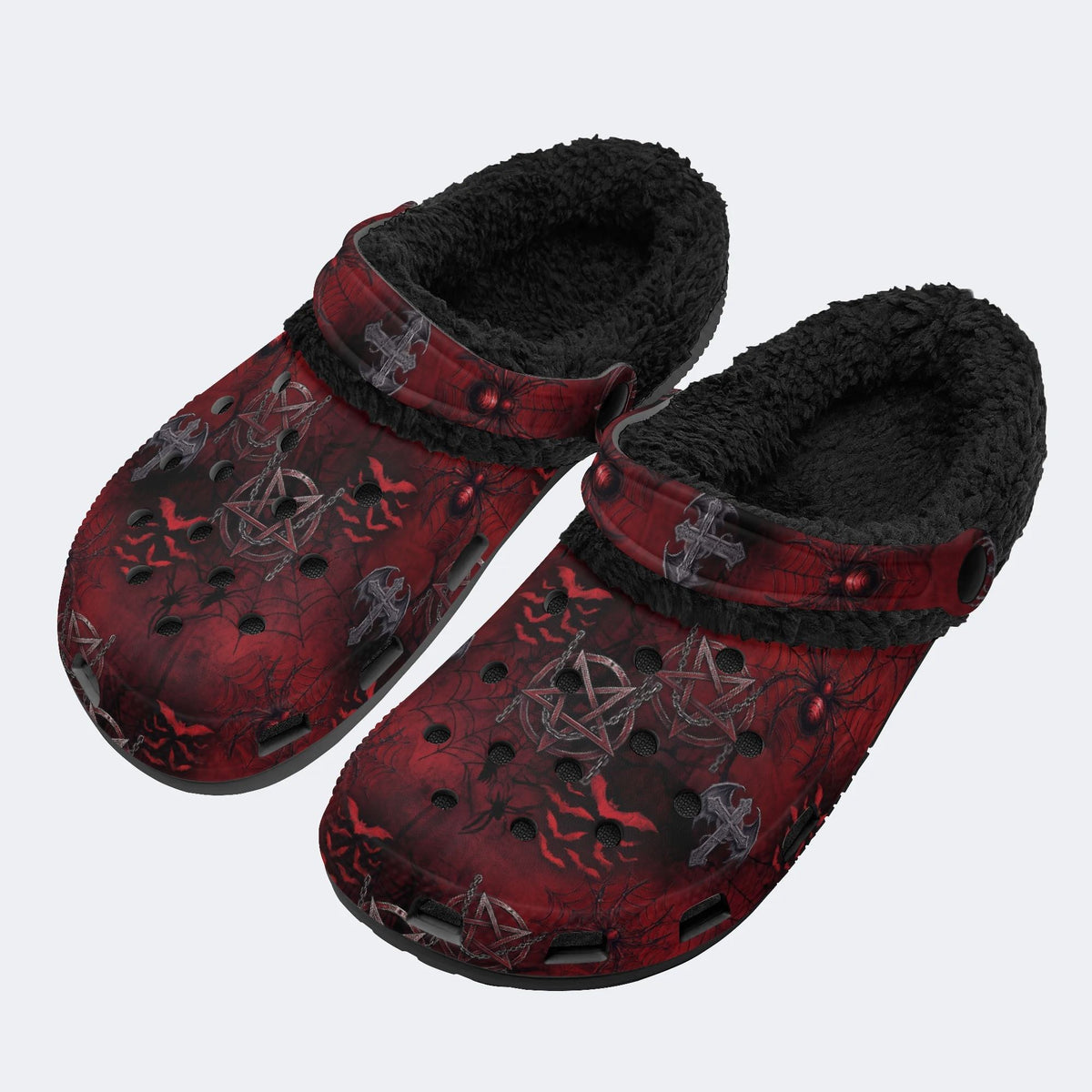 Gothic Red Spider Pentagram Spider Web - Fur Lined Slippers/Sandals
