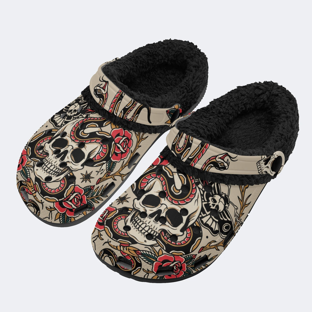 Tattoo Skull Serpent Rose - Fur Lined Slippers/Sandals