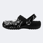 Gothic Monochrome Skull Rose Thorn‑Fur Lined Slippers/Sandals