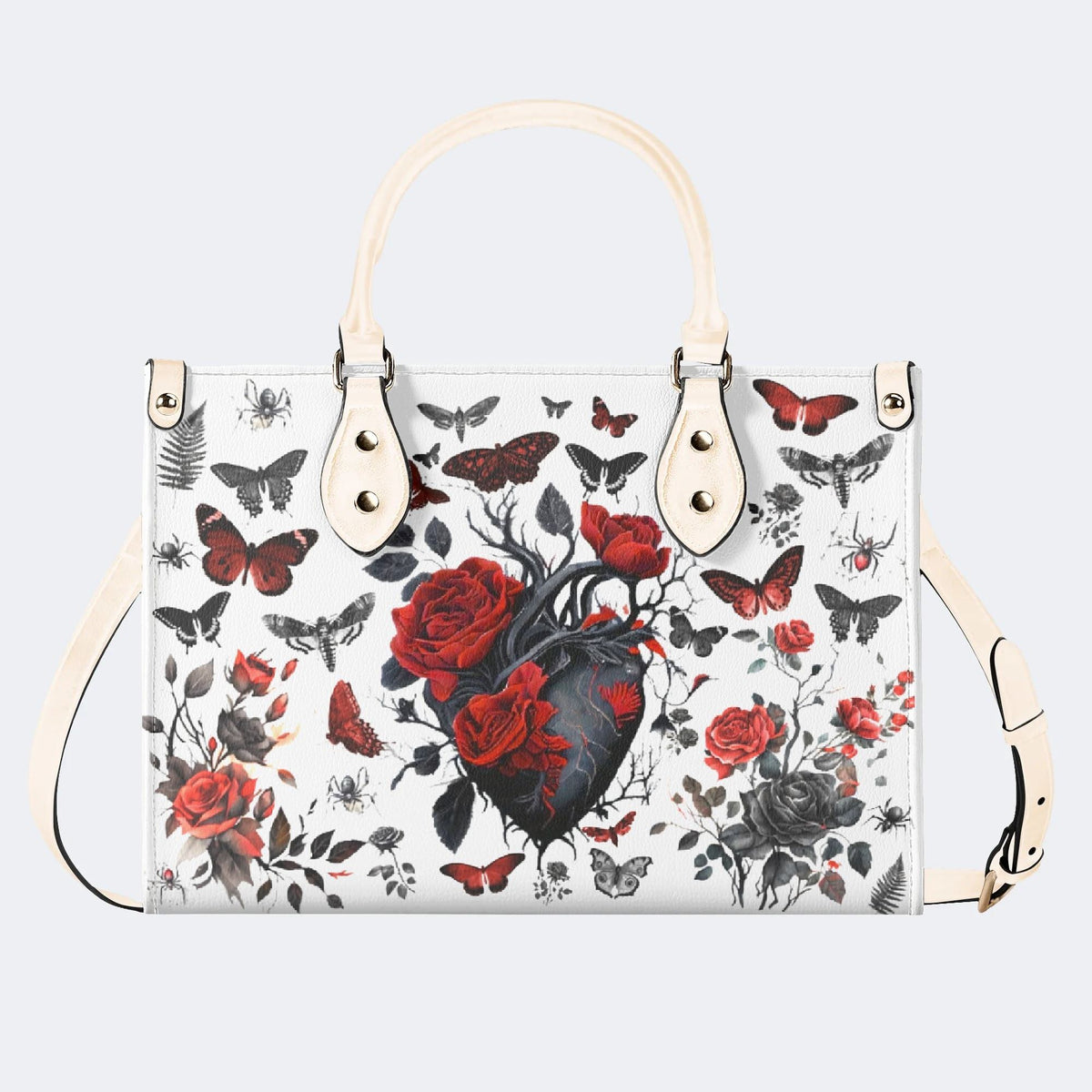 Heart Rose Butterfly Print - Leather Handbag