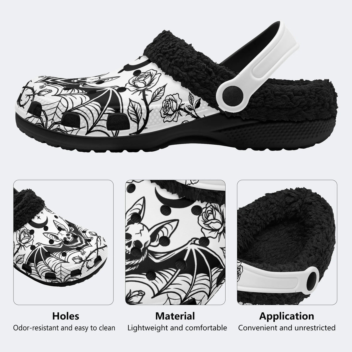 Gothic Bat Skull Rose - Fur Lined Slippers/Sandals
