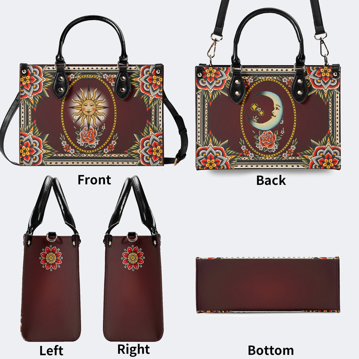 Vintage Smiling Sun Print - Leather Handbag