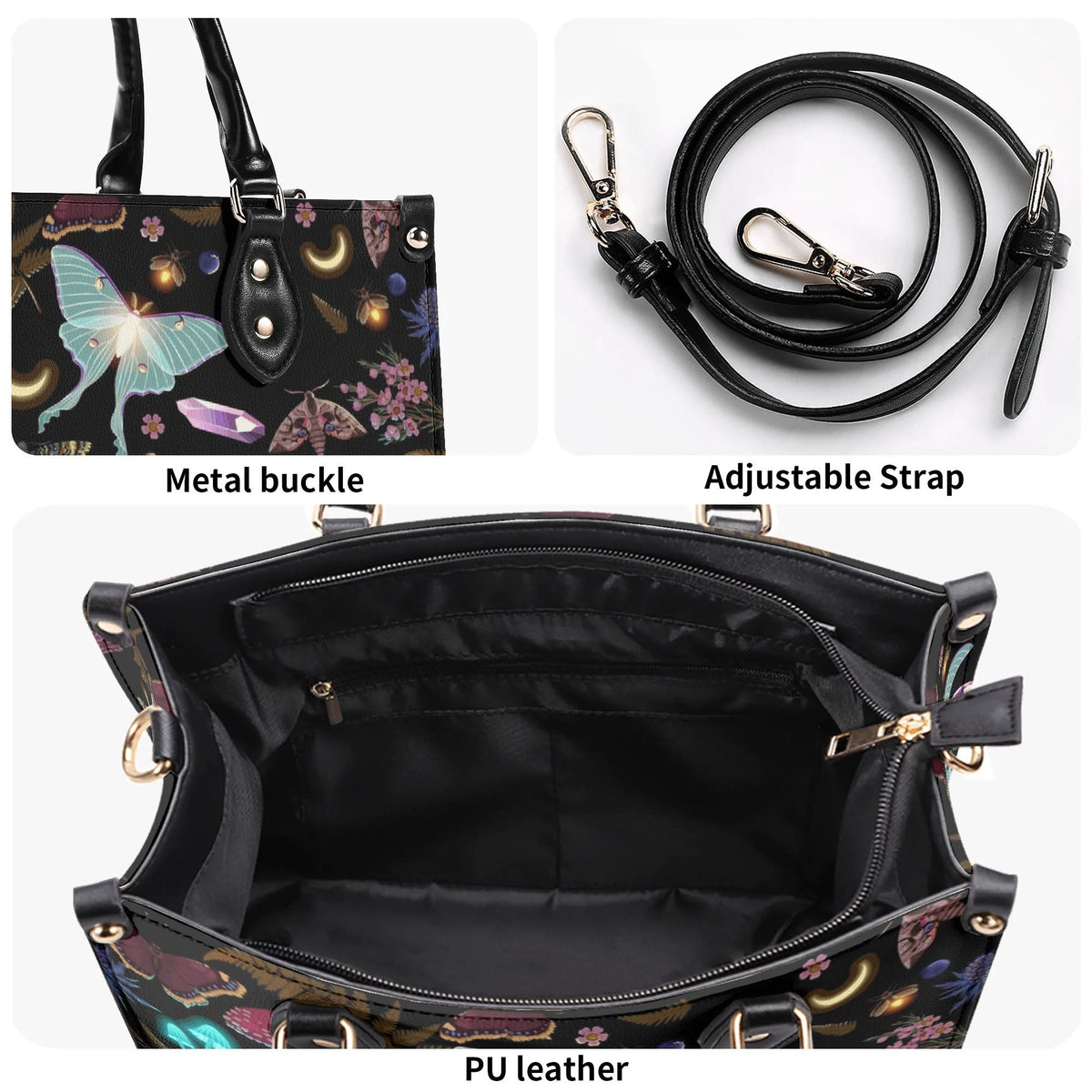 Fluorescent Moth And Botanical Print - Leather Handbag