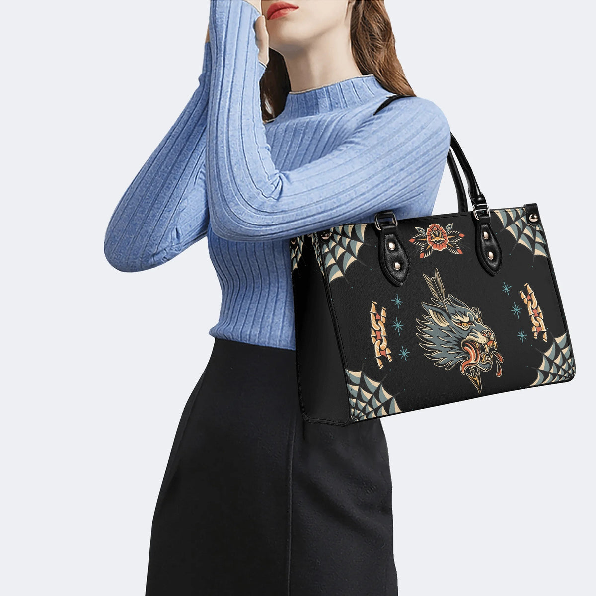 Wolf Vintage Print - Leather Handbag