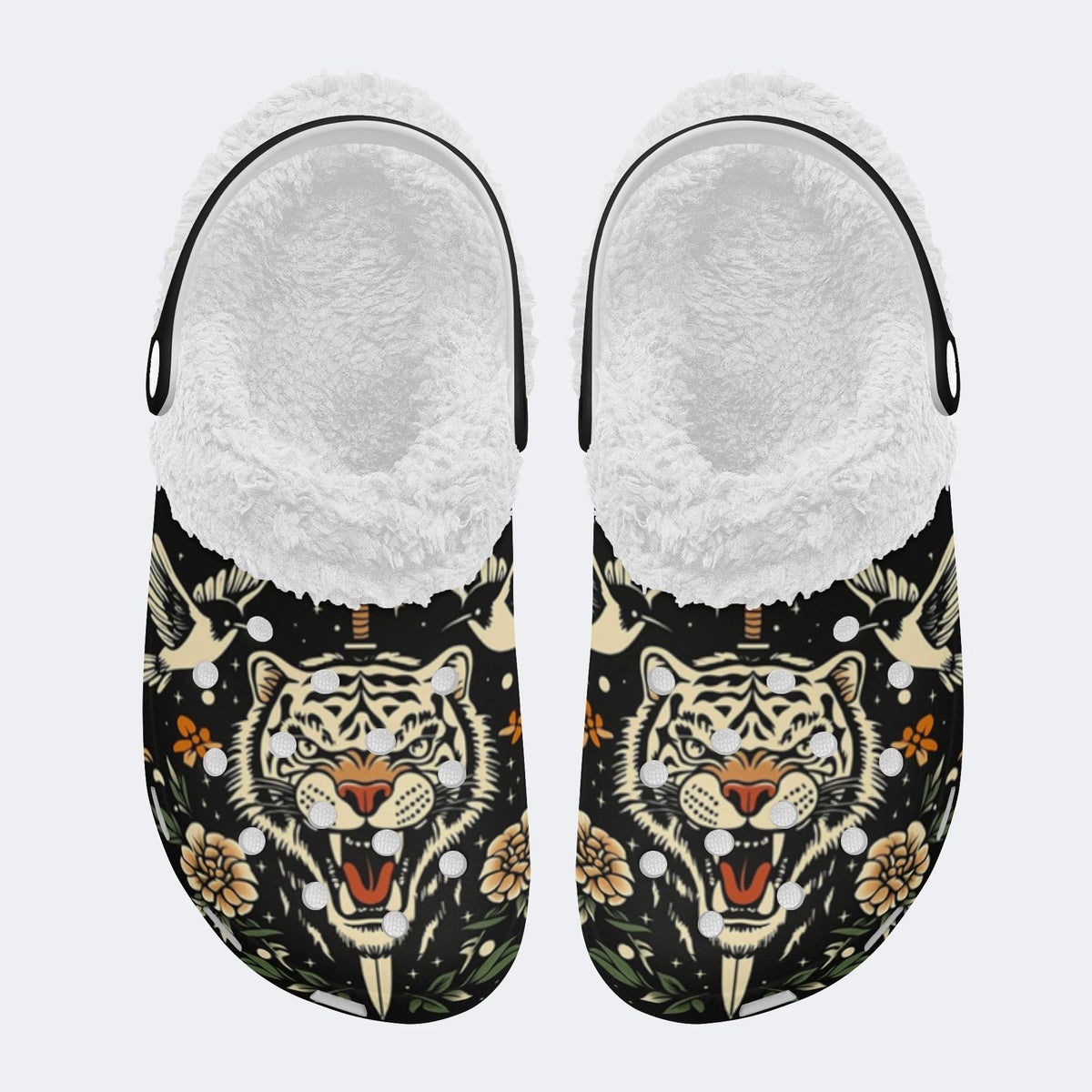 Vintage Tiger Art Print - Fur Lined Slippers/Sandals