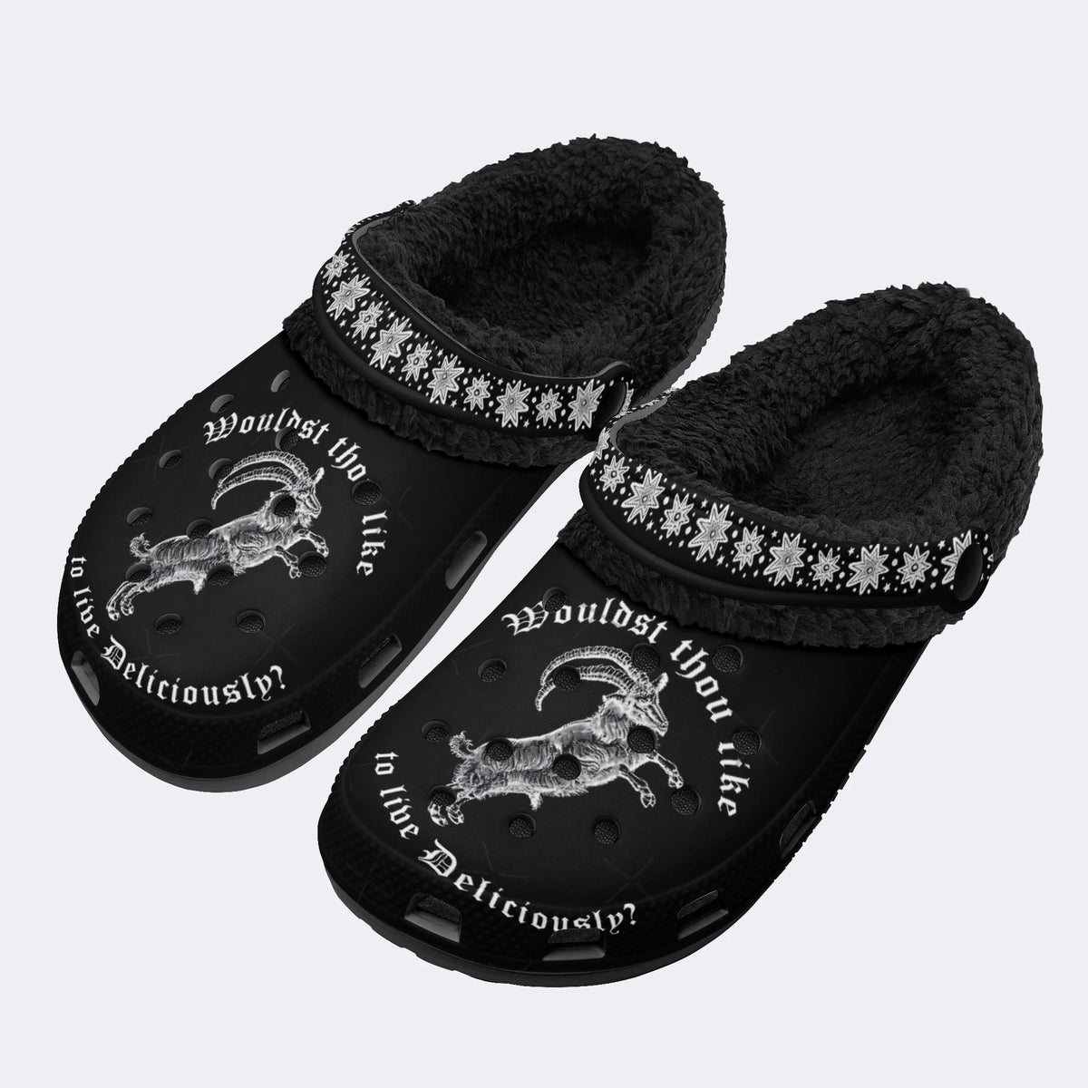 Unisex Metal Goat Print - Fur Lined Slippers