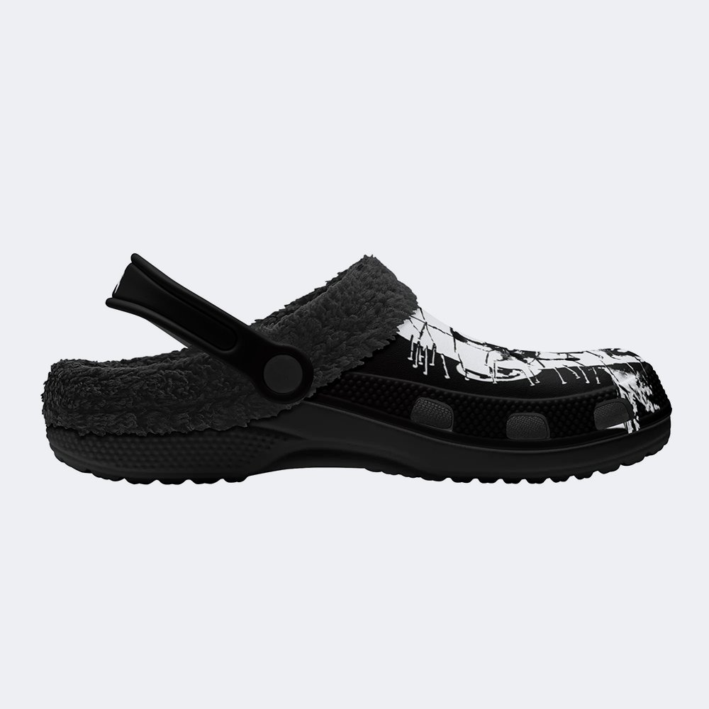 Unisex Black Metal Pinhead Print - Fur Lined Slippers/Sandals