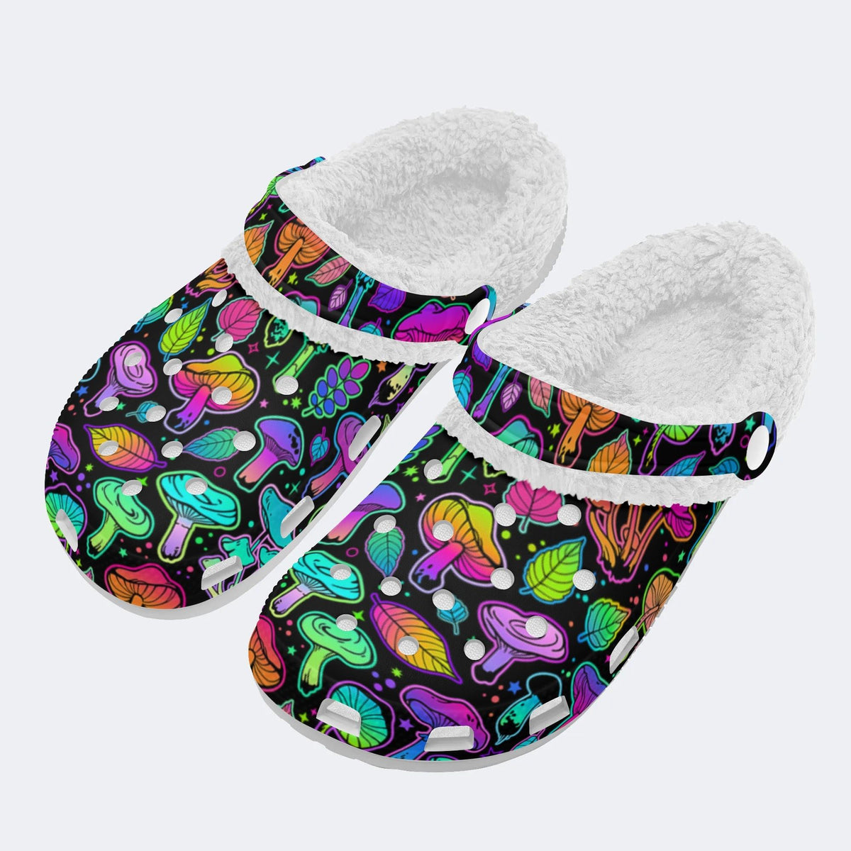 Psychedelic Colors Mushrooms Print - Fur Lined Slippers/Sandals