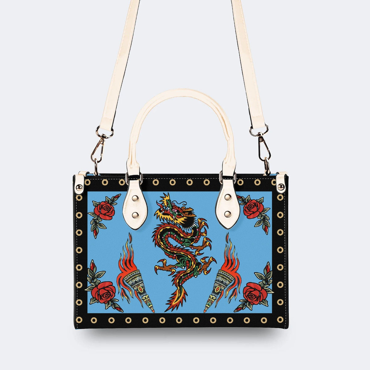 Vintage Torch And Dragon Print - Leather Handbag
