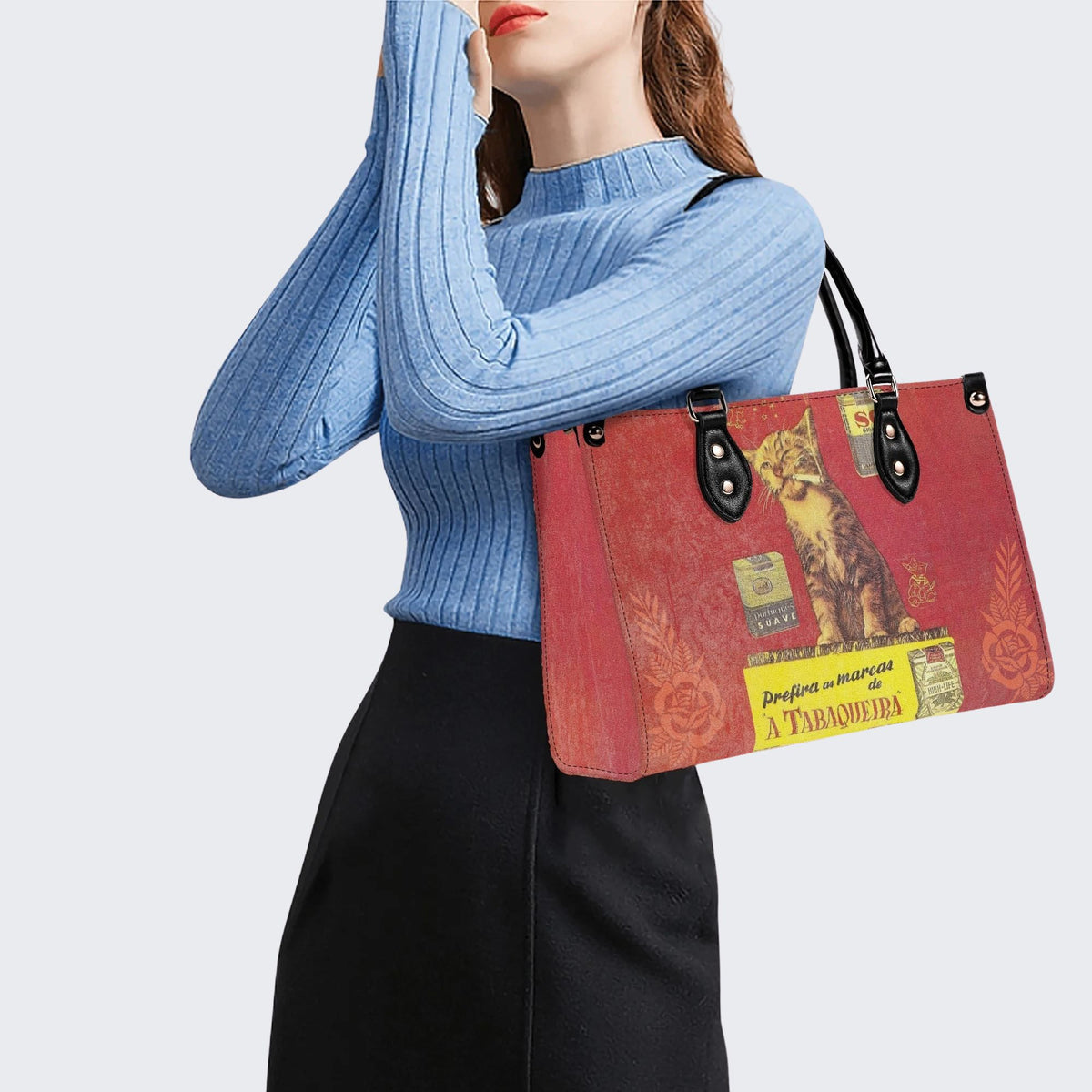 Retro Smoking Cat - Leather Handbag
