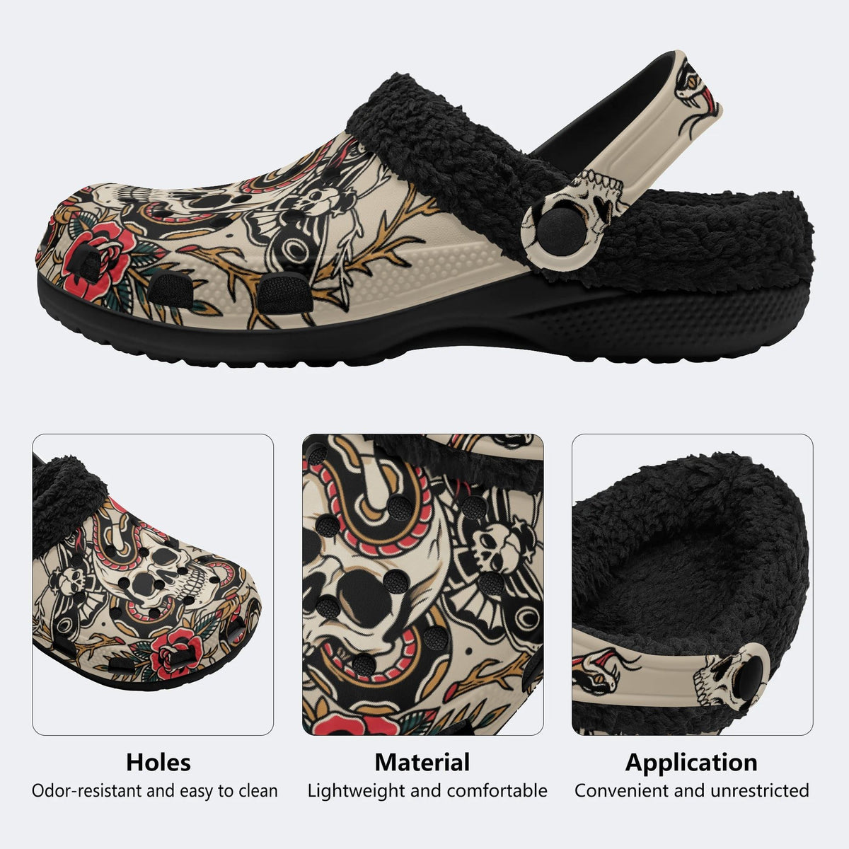 Tattoo Skull Serpent Rose - Fur Lined Slippers/Sandals
