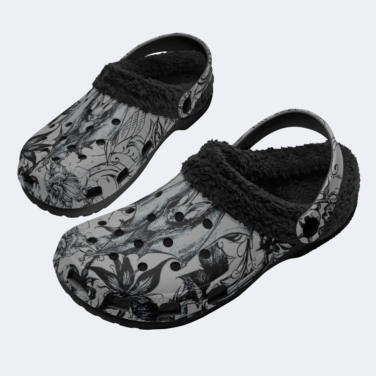 Gothic Floral Bat Print - Fur Lined Slippers/Sandals