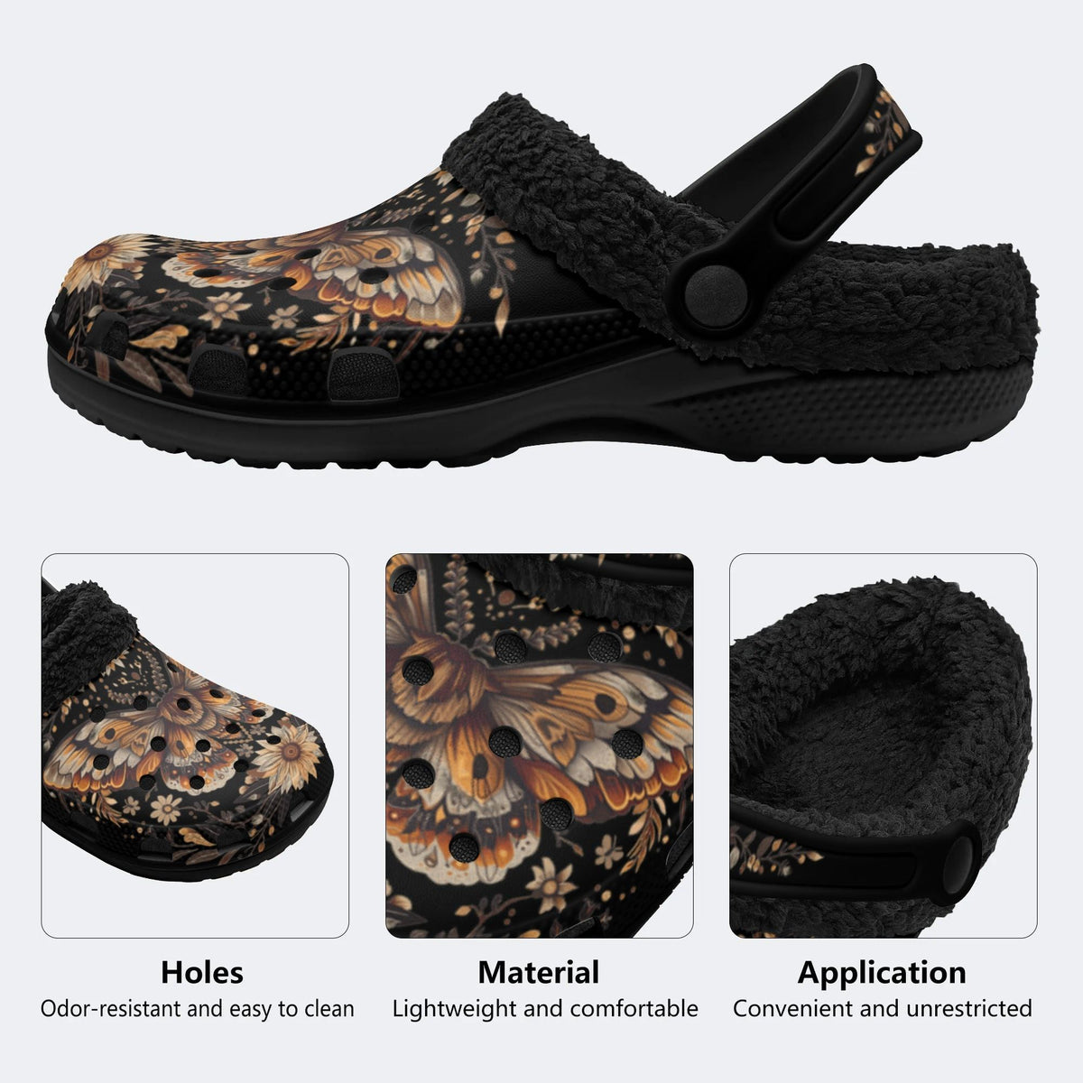 Vintage Moth Floral Print - Fur Lined Slippers/Sandals