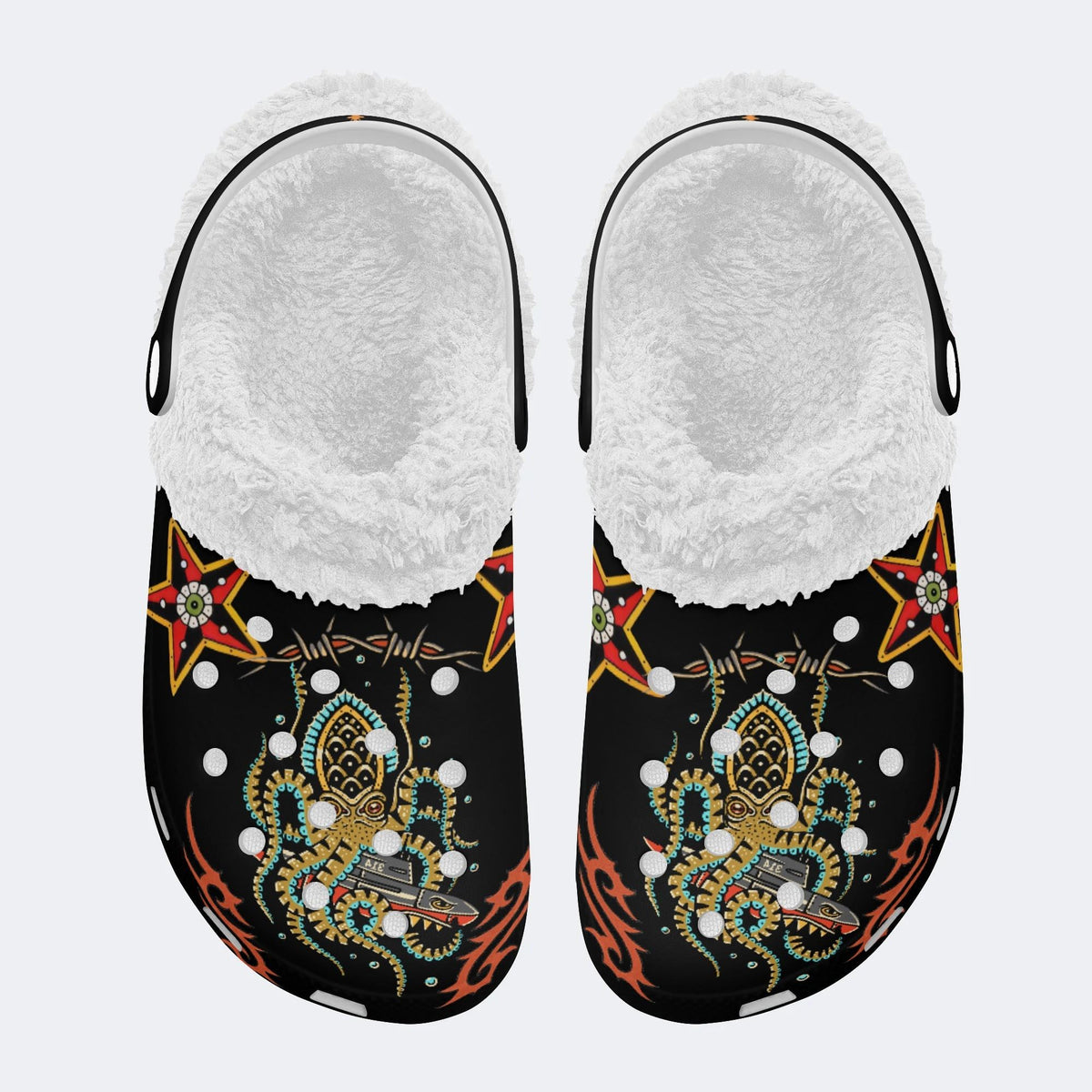 Old School Octopus Print - Removable Fur Lined Slippers/Sandals