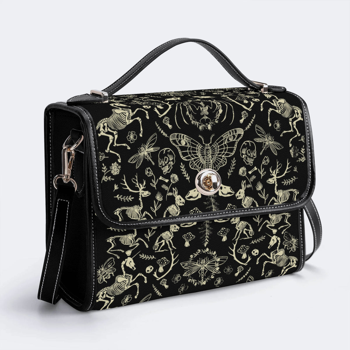 Dark Cottagecore Forest Animal Bones Print - Leather Satchel Bag