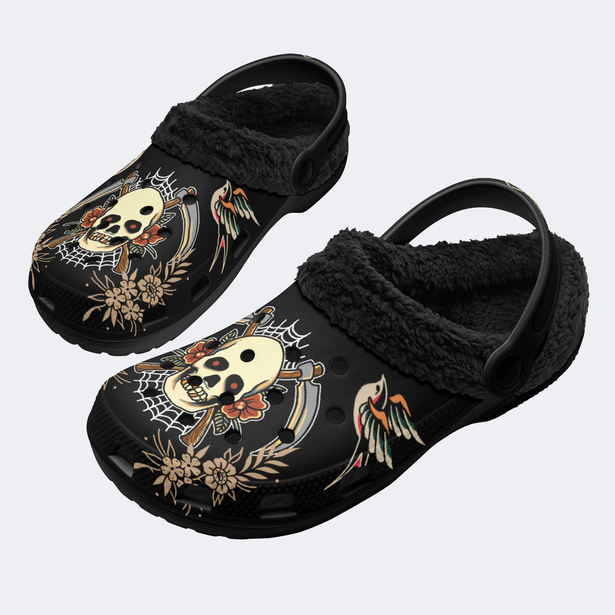 Reaper Skull Print - Fur Lined Slippers/Sandals