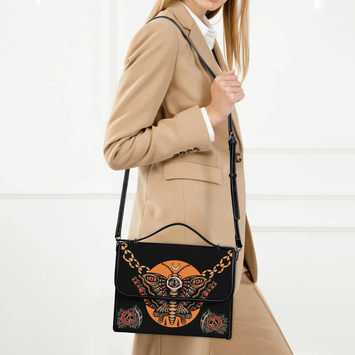 Retro Eclipse Death Moth Print - Leather Satchel Bag