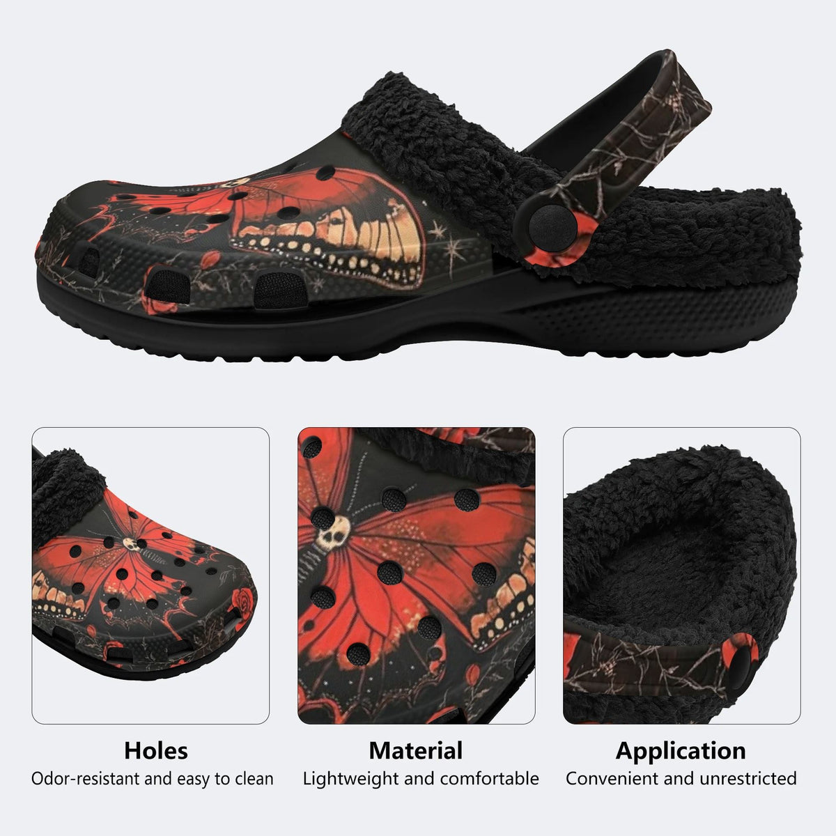 Skull Butterfly Rose - Fur Lined Slippers/Sandals