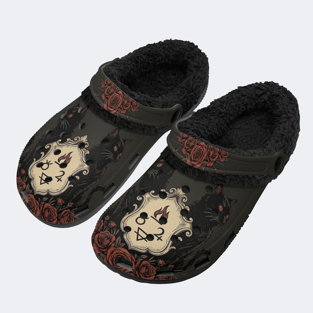 Vampire Black Cat Print - Fur Lined Slippers/Sandals