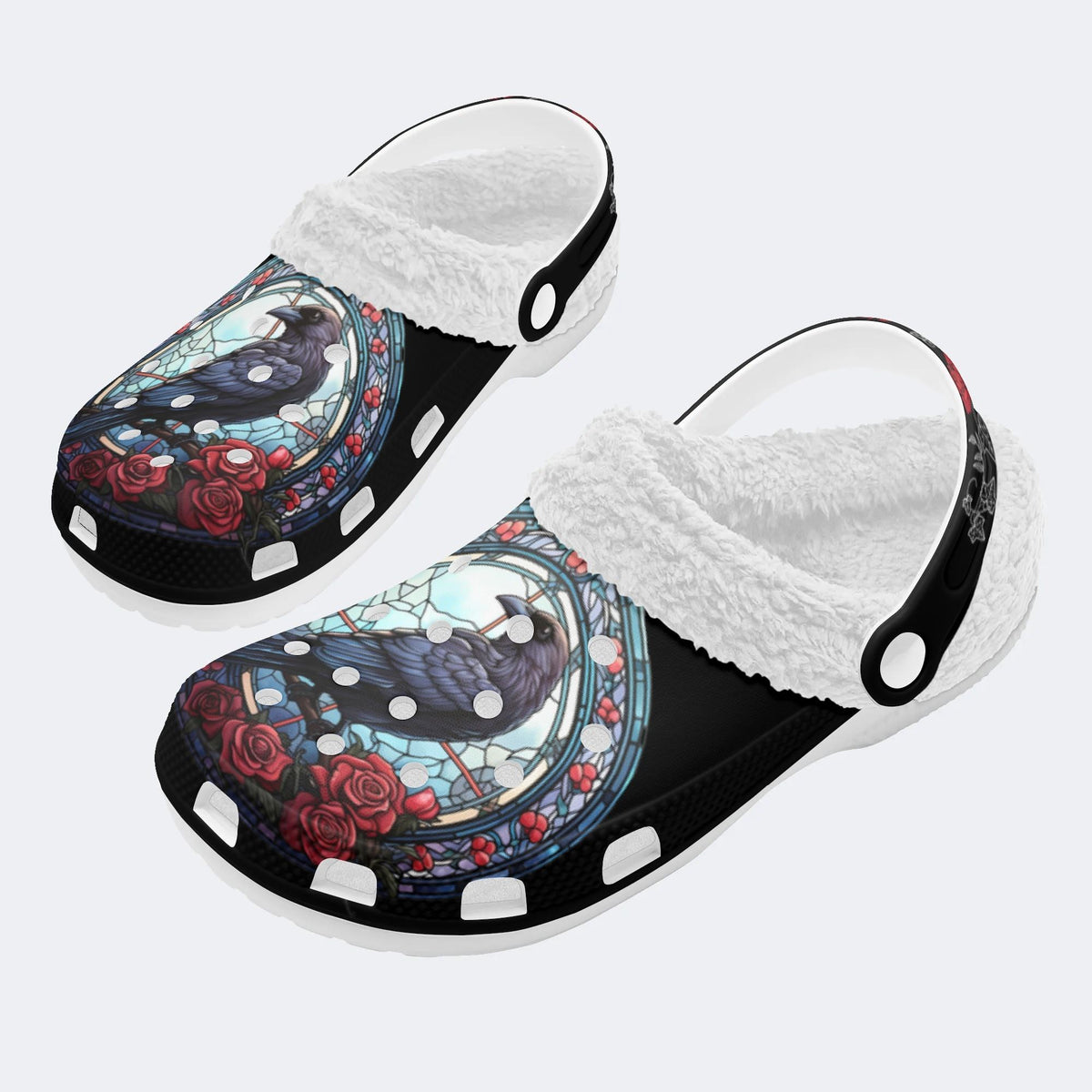 Vintage Crow Print - Fur Lined Slippers/Sandals