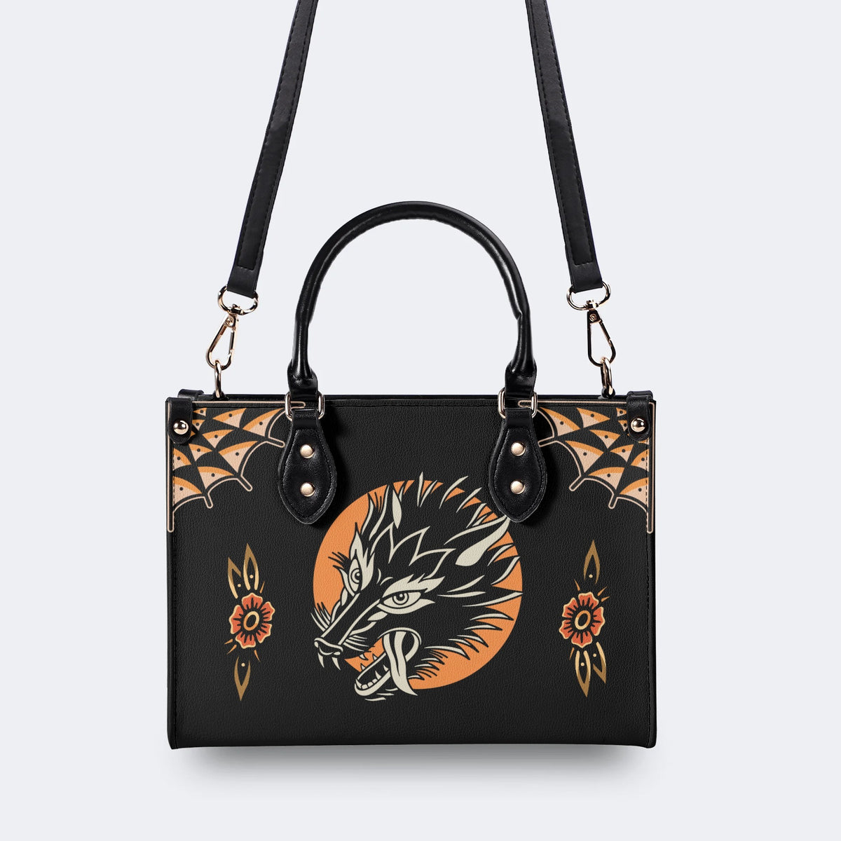 Screaming Wolf Vintage Print - Leather Handbag