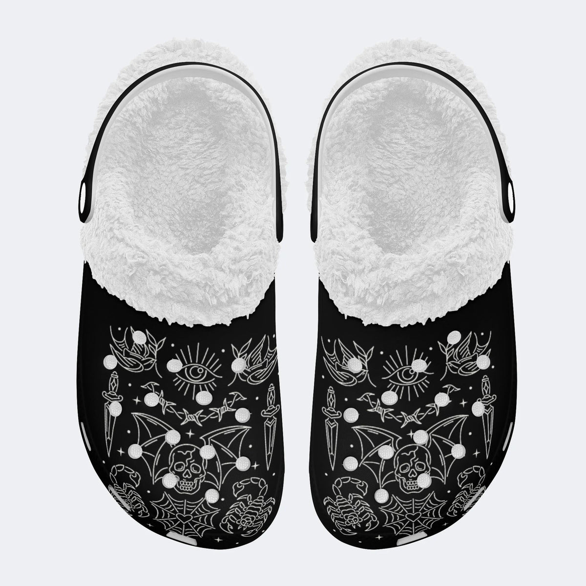 Bats&Skulls&Scorpions Print - Fur Lined Slippers/Sandals