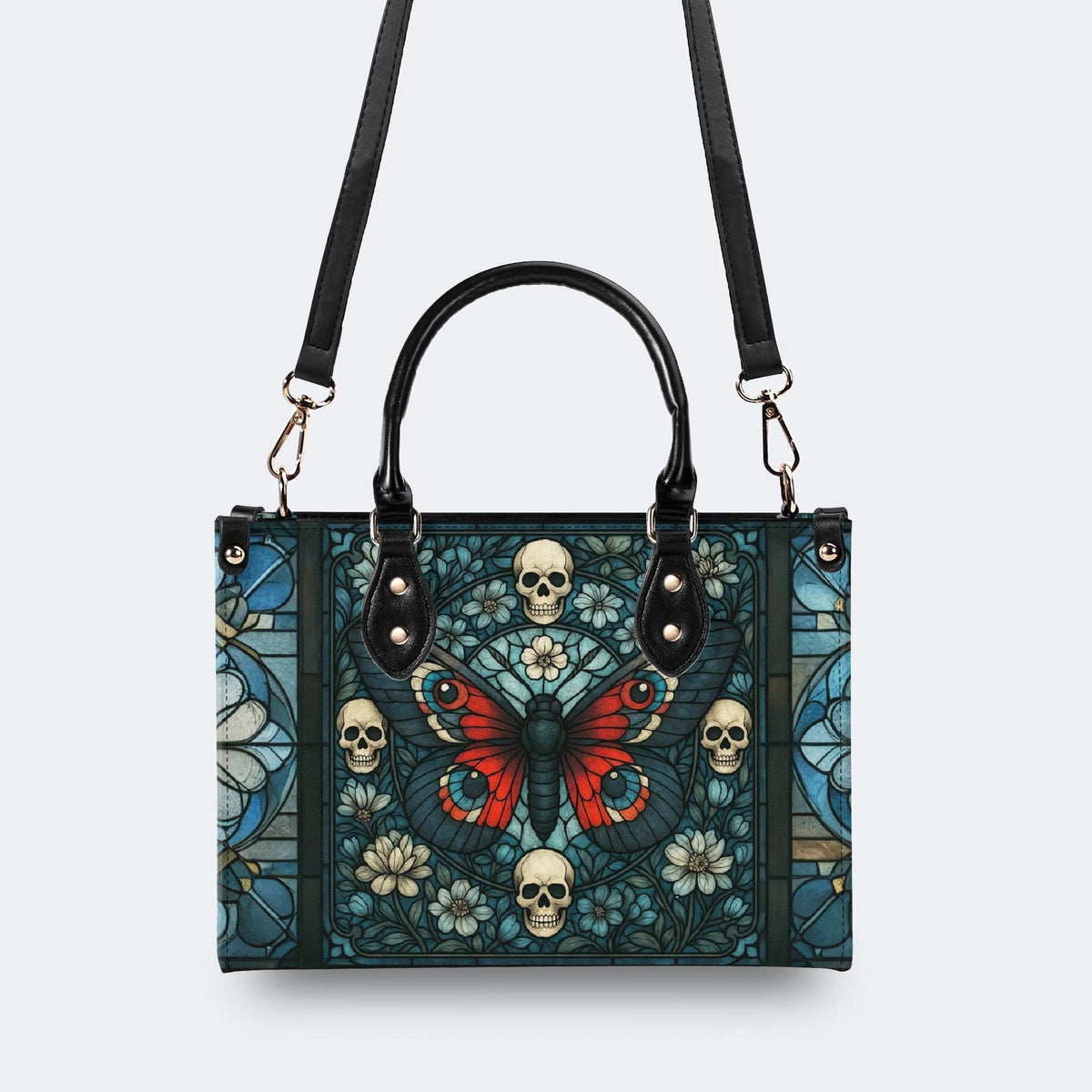 Vintage Moth And Skull Print - Leather Handbag
