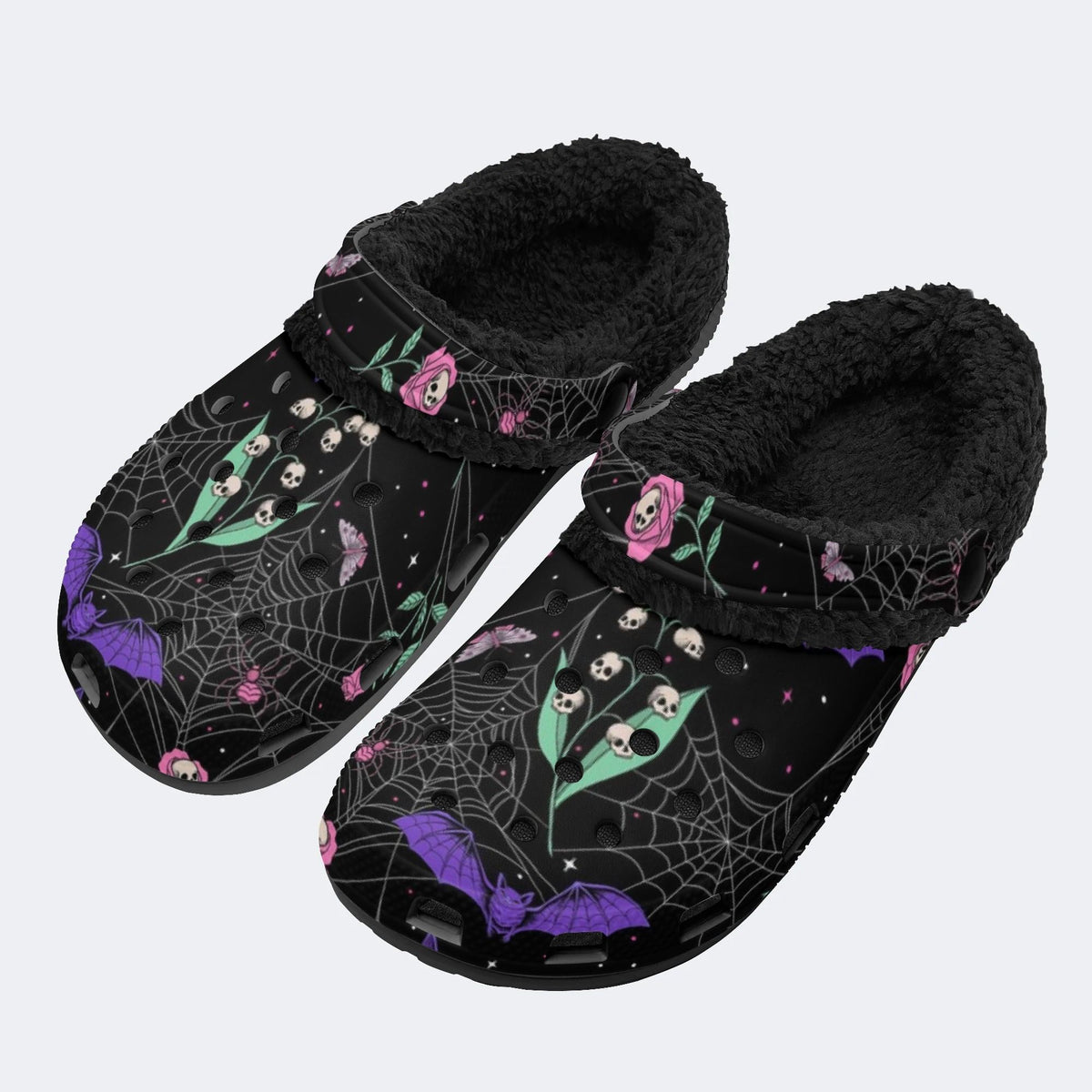 Gothic Bat Floral Skull‑Fur Lined Slippers Sandals