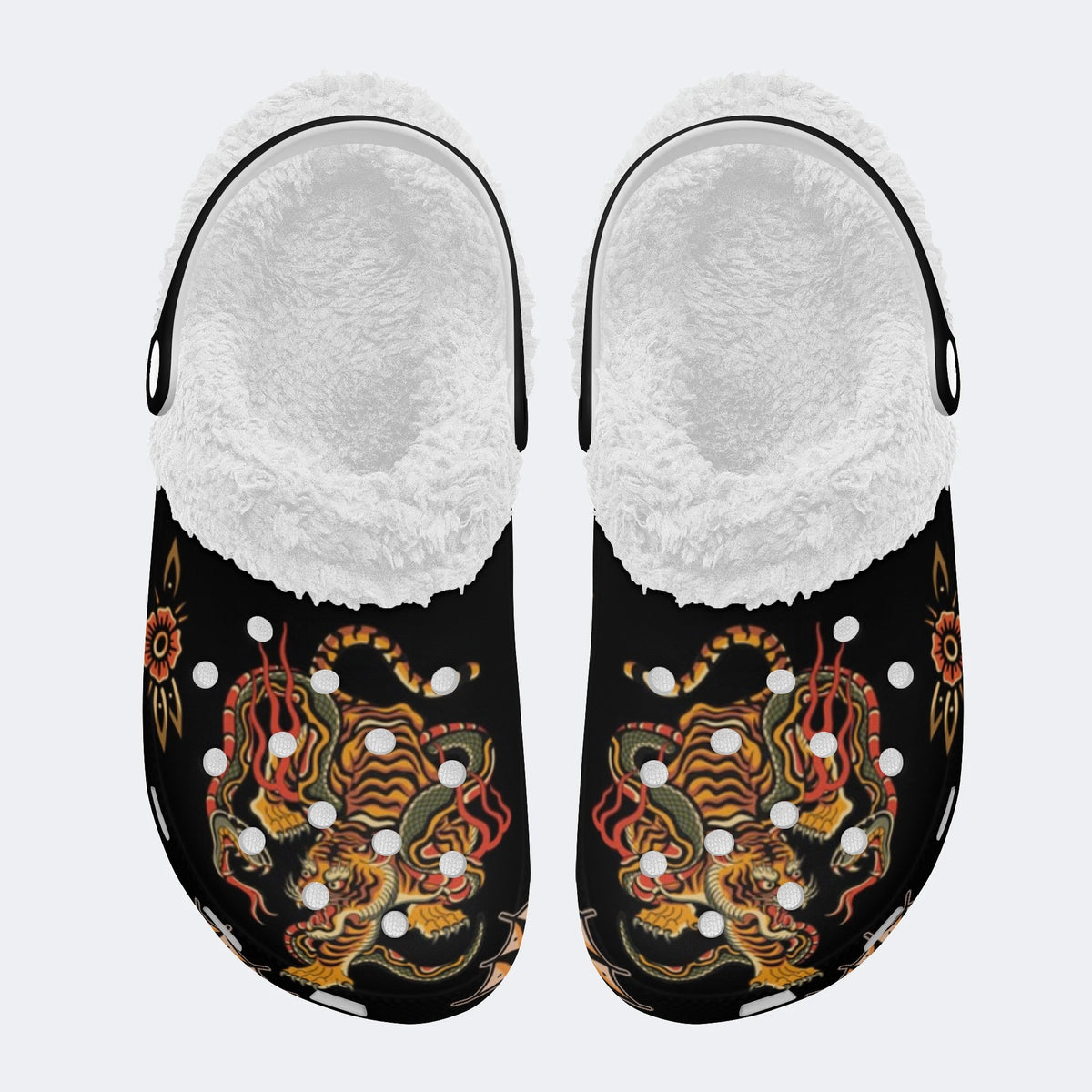 Old School Tiger & Snake Print - Fur Lined Slippers/Sandals