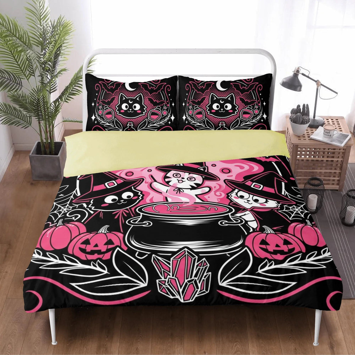 Pumpkin Witch Kitten Print - Three Piece Bedding Set