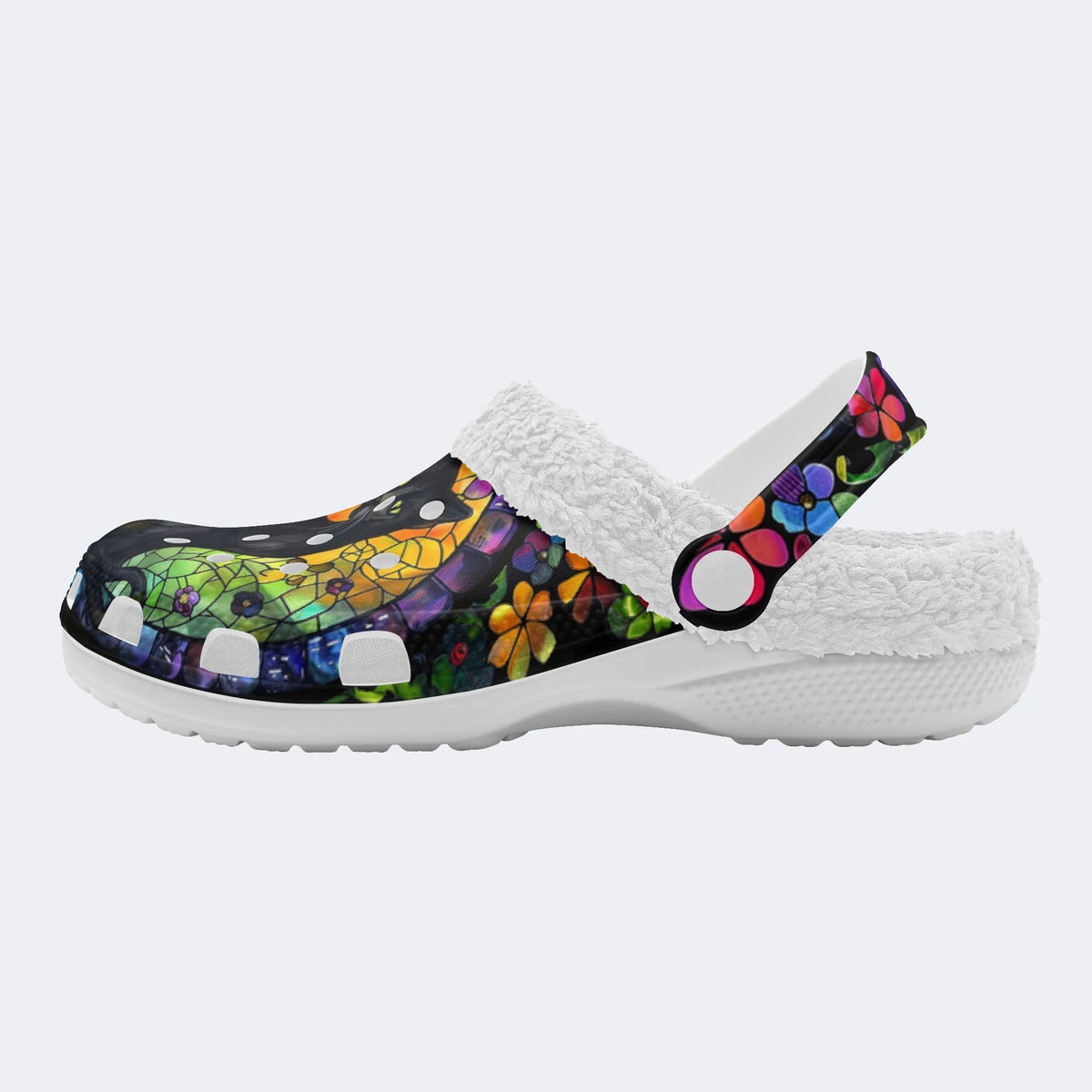 Colorful Glass And Black Cat - Fur Lined Slippers/Sandals