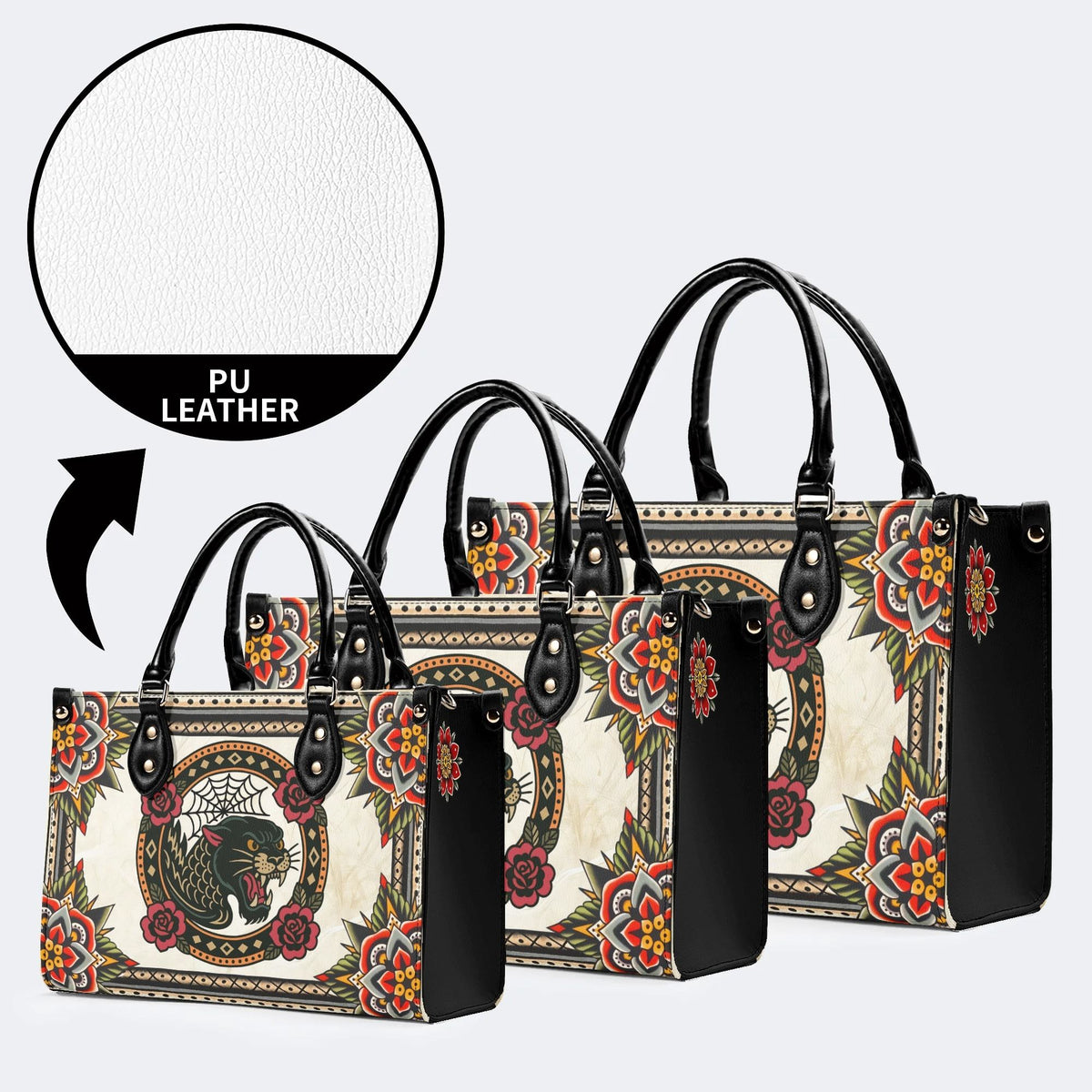Black Panther Head Print - Leather Handbag