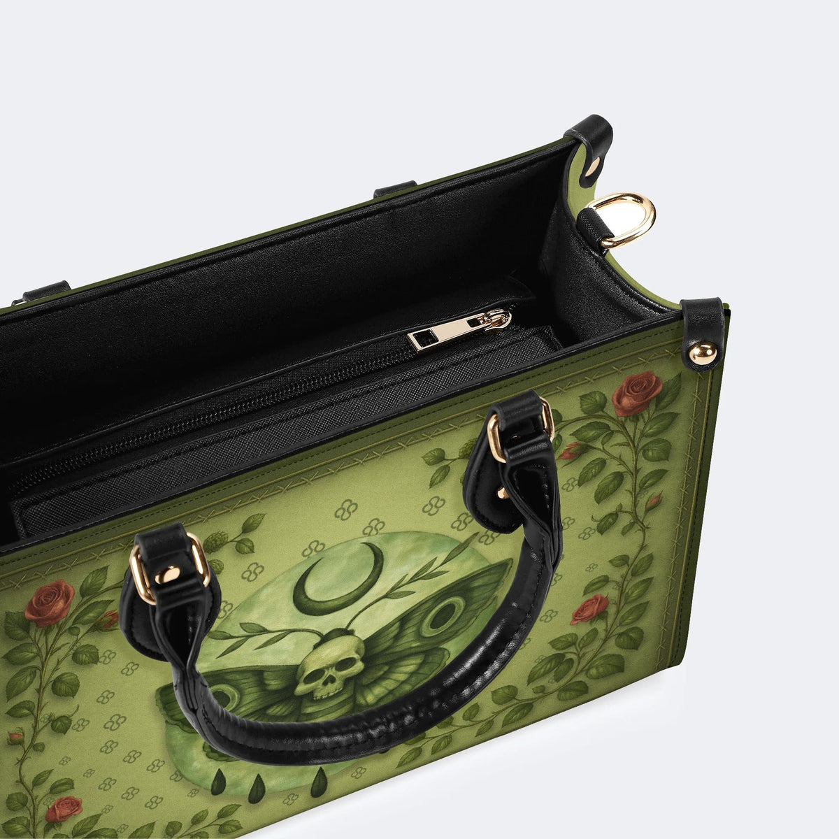 Green Death Moth Floral Print - Leather Handbag