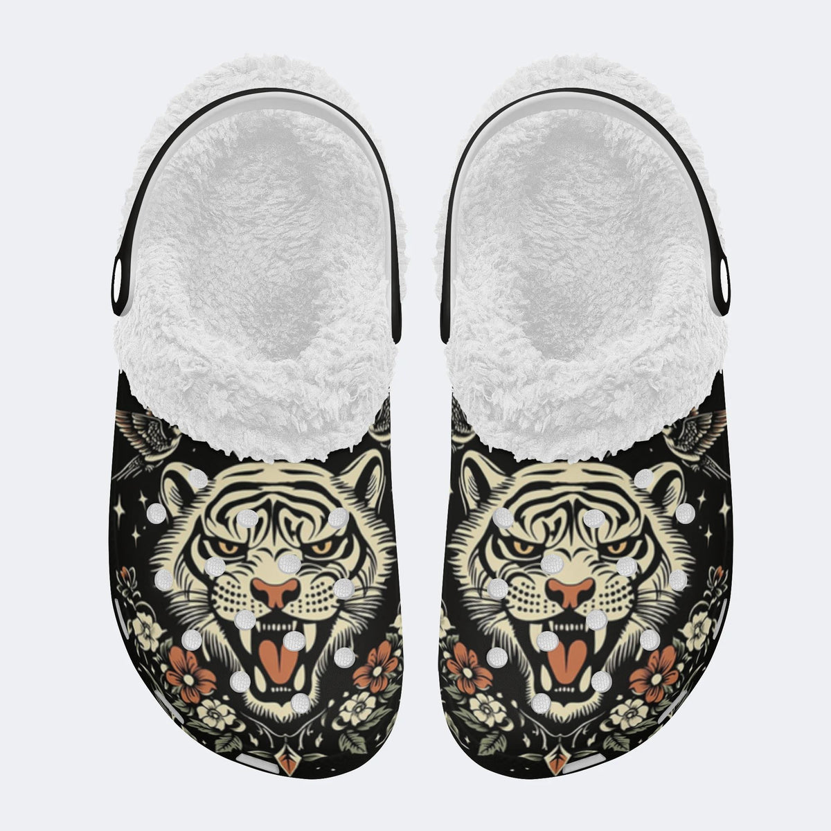 Tiger With Flower VintagePrint - Fur Lined Slippers/Sandals