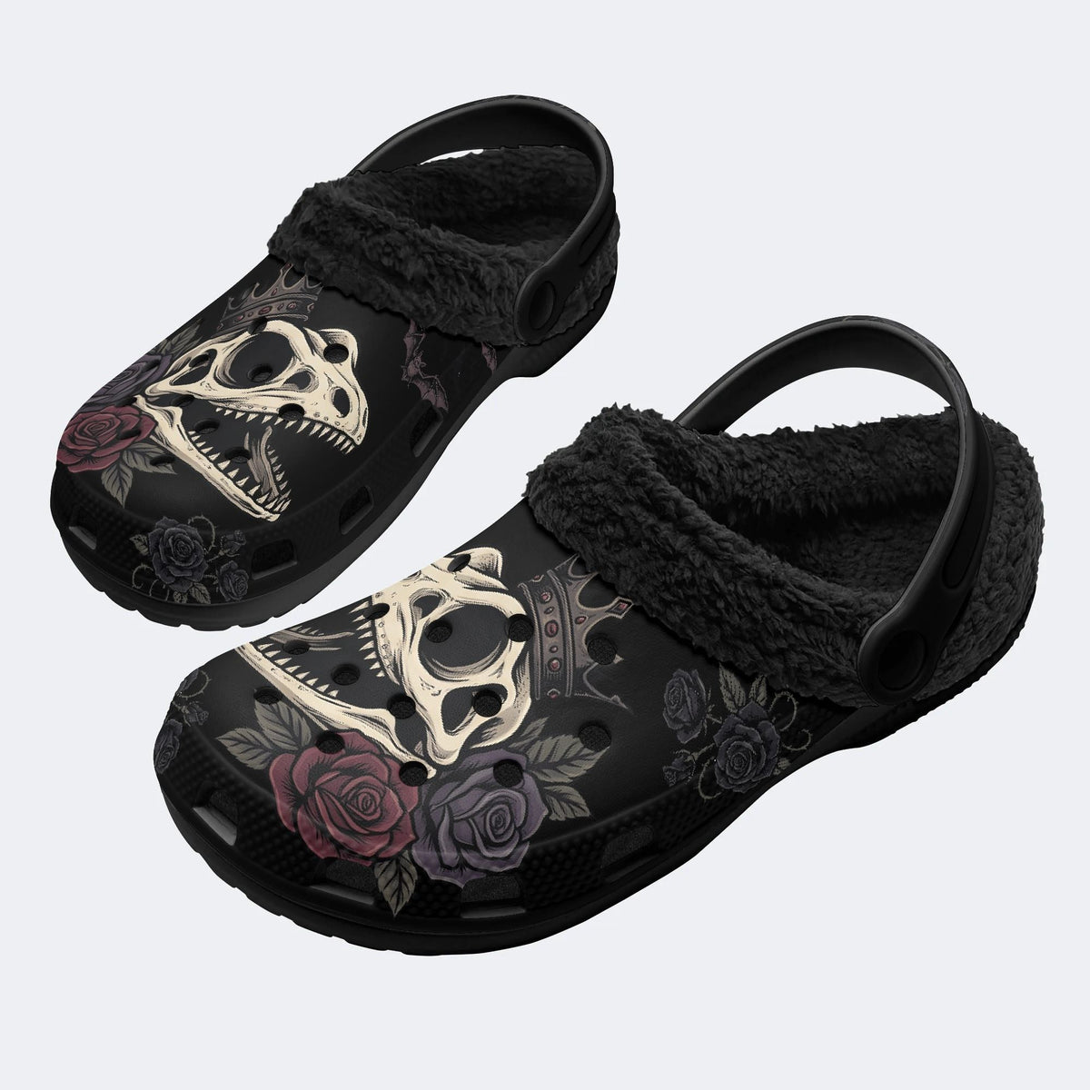 Gothic Crown Dinosaur Skull Rose Bat‑Fur Lined Slippers/Sandals