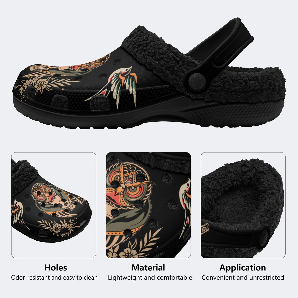 Skull Owl Print - Fur Lined Slippers/Sandals