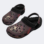 Gothic Skull Burgundy Rose Thorn Bat - Fur Lined Slippers/Sandals