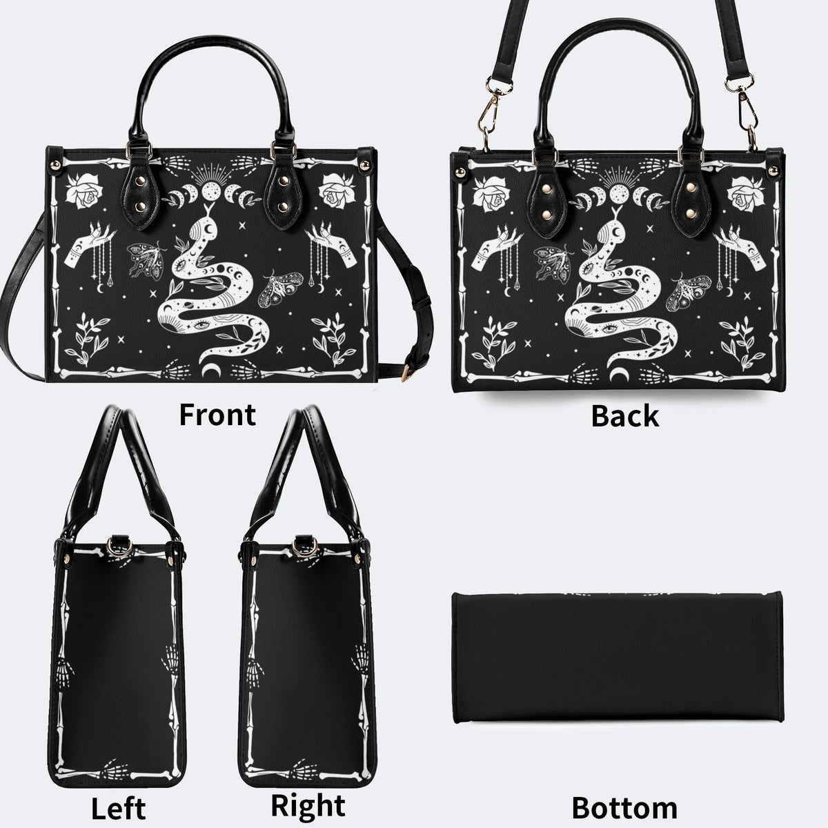 Snake And Beath Moth Print - Leather Handbag