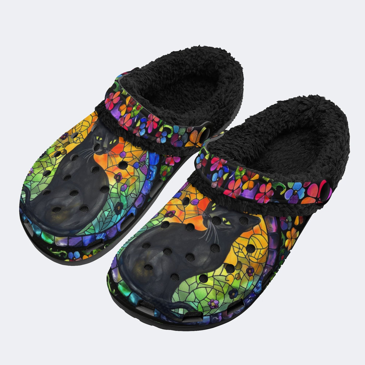 Colorful Glass And Black Cat - Fur Lined Slippers/Sandals