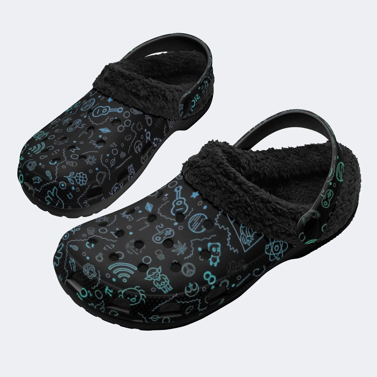 Teal Doodle Icons - Fur Lined Slippers/Sandals
