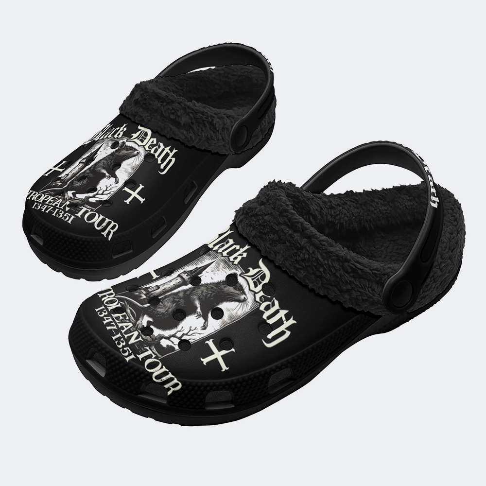 Black Death Print - Fur Lined Slippers/Sandals