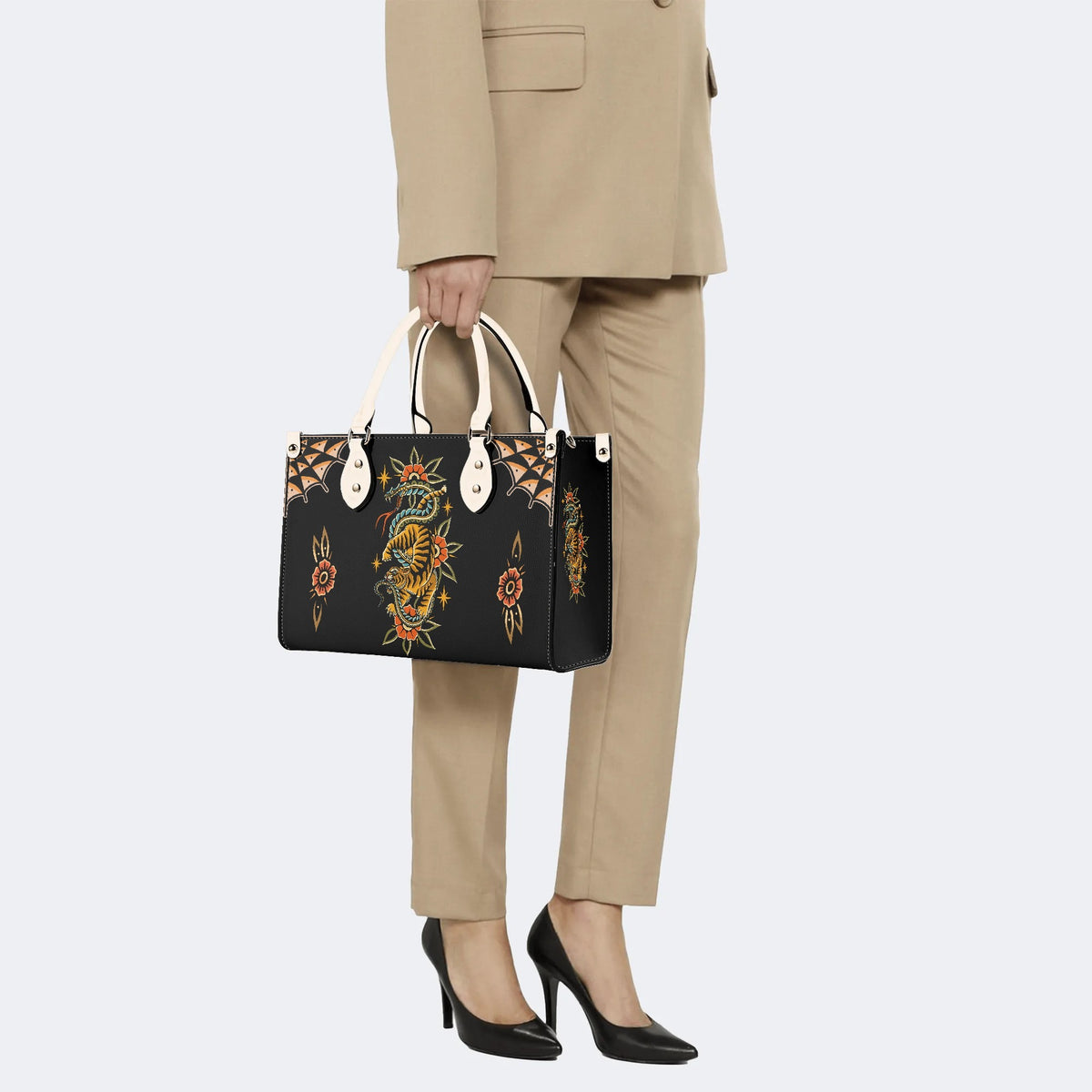 Vintage Snake And Tiger Print - Leather Handbag