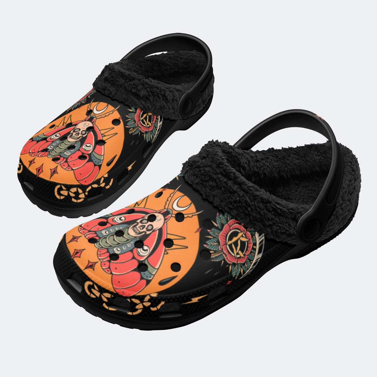 Traditional Death Moth Print - Removable Fur Lined Slippers/Sandals