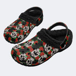 Vintage Skull Red Roses - Fur Lined Slippers/Sandals