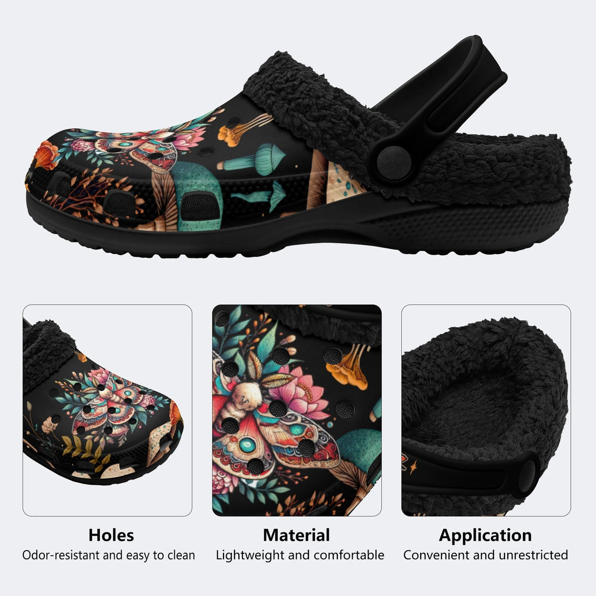 Moth Floral Mushroom Print - Removable Fur Lined Slippers/Sandals